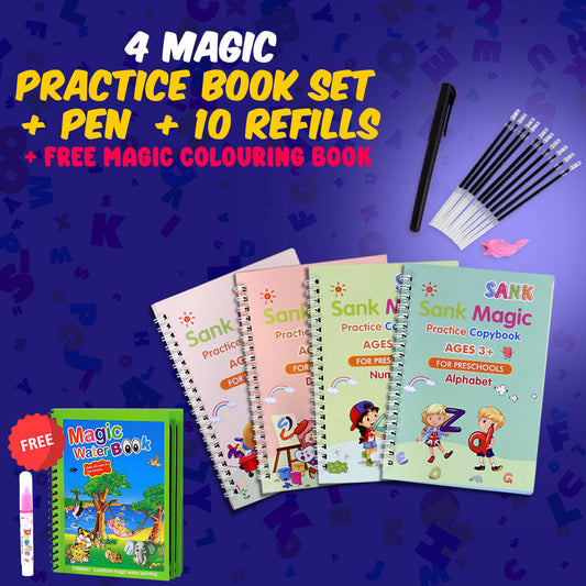 Magic Practice Copybook, (4 BOOK + 10 REFILL+ 1 Pen +1 Grip) Number Tracing Book for Preschoolers with Pen, Magic Calligraphy Copybook Set